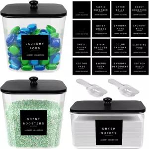 POLRAI 3팩 세탁 포드 용기 및 건조 시트 홀더 대나무 뚜껑이 있는 아크릴 병과 향 부스터 파우더 세제