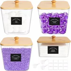 유다 세탁 포드 용기 및 건조 시트 홀더 4팩 세탁실 정리 보관 대나무 뚜껑이 있는 세제 전원 24개 라벨