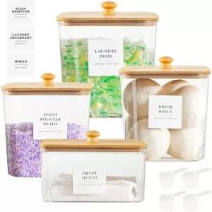 소울벤코 3+1 팩 세탁 포드 용기 및 건조 시트 홀더 아크릴 사각 세탁실 정리 보관 나무 뚜껑 라벨이 있는