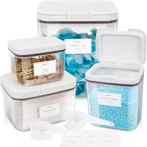 팝업 뚜껑 및 라벨이 있는 Zingbee 4팩 스택형 세탁 포드 용기 건조 시트 홀더 파우더 향기 구슬 건조기