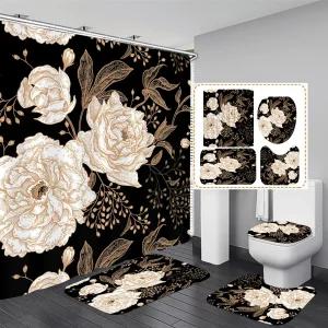 4PCS 로즈 골드 플라워 잎 욕실 세트 샤워 커튼과 러그 러그가 있는 식물성 꽃 커튼 장식용 내구성이