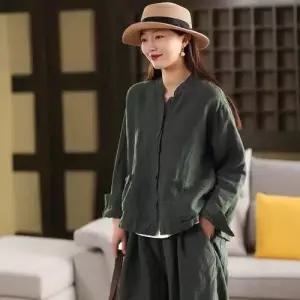 가을 빈티지 여성용 스크래치 루즈핏롱 트렌디 차이나 아이템 싱글 긴팔 슬림핏 셔츠 린넨 HT3