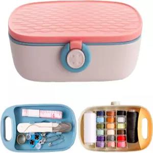 미스라자 재봉 키트 휴대용 플라스틱 상자 바늘 및 나사산 액세서리 용품 핑크 15.5x6cm(6.1x2.36인치)