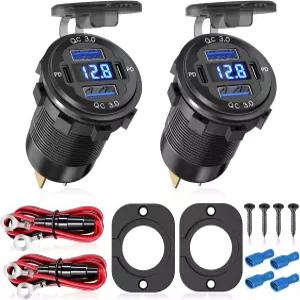 전압계가 장착된 2Pcs 12V/24V 콘센트 급속 충전 3.0 듀얼 USB 전원 방수 고속 소켓 자동차 보트 마린용