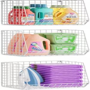 나무 선반 세탁실 정리함 아래에 3팩 나사 장착 세탁기와 건조기 위의 접이식 와이어 바구니 공간 절약 -