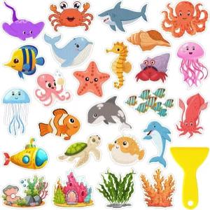 26개의 미끄럼 방지 욕조 스티커 스크레이퍼가 있는 귀여운 해양 생물 욕실용 접착 뒷면이 샤워 데칼 계단