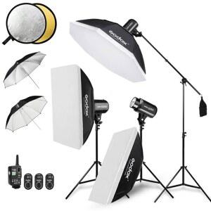 Godox 750W 스튜디오 스트로브 플래시 라이트 키트, 사진 촬영용 3-라이트 조명 붐 암, 트리거, 소프트박스, 스탠드, 리플렉터 엄브렐러 3x250W 5600K 모노라이트
