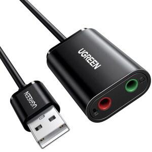 UGREEN USB-오디오 잭 사운드 카드 어댑터, 듀얼 TRS 3극 3.5mm 헤드폰 및 마이크 USB-Aux 외장 오디오 변환기를 탑재한 Windows Mac Linux PC