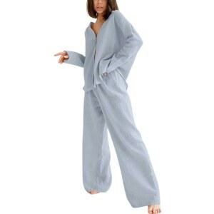대구 여성 코튼 거즈 라운지웨어 세트 캐주얼 2피스 슬립웨어 버튼 다운 셔츠와 와이드 레그 팬츠 의상