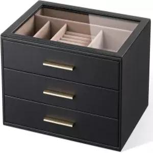 여성용 픽피프 주얼리 박스 정리함 케이스 유리 창문이 있는 3겹 보관 블랙 가죽과 블러쉬 벨벳 반지