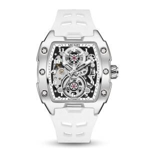 [미국배송] MEGIR 자동 기계식 남성 시계 실리콘 밴드 43X50MM 합금 케이스 3ATM 방수 빛나는