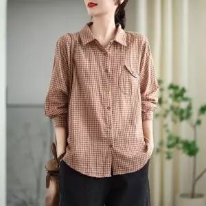 여친 이너 캐주얼 가을 깔끔한 칼라 앤티크 셔츠 여성스트라이프셔츠 와이드 모씨모씨 체크 긴팔 DUCHI3