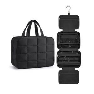 보석 정리함이 있는 가방스마트 여행용 세면도구 가방, 세면도구용 걸이 여행 퍼프 메이크업 화장품 가방 정리함, 휴대용 액세서리 필수품, 블랙-L