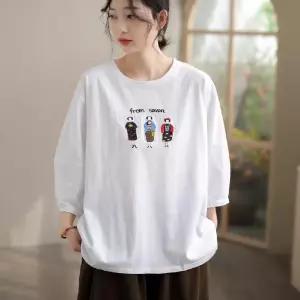 여성용 봄 캐주얼 면 러블리 티 프린트 뉴 라운드 캐릭터 자수 슬림화이트 빈지 셔츠 9부 다올1