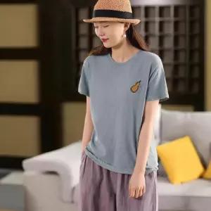 면 캐주얼 봄 여사친 셔츠 상의 슬림핏 빈지 프린트 반팔 마 티 풀오버 러블리 라운드넥 다올1