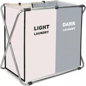 세탁 천 바구니 분류 통 접이식 2 섹션 스테인리스 스틸 프레임 보관 더러운 옷 가방 욕실 침실 가정용