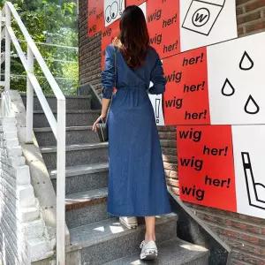 치마 데님 롱 빈티지 셔츠 청치마 얇은 여성패션 아긴팔 끈 DL1