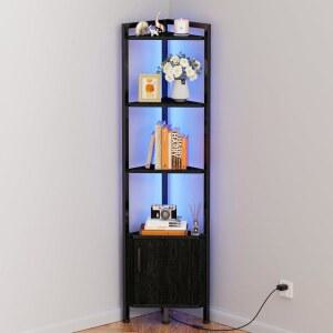 [미국배송] 가구 모서리 선반 수납 및 LED 조명이 있는 5단 캐비닛 침실 거실 주방 목재 디스플레이 선반(블랙 오크)을 위한 62.8 U201D 스탠딩 책장 | 수납 주방용