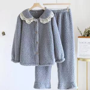 여자 양털 뽀글이 수면 파자마 긴팔 잠옷 투피스 세트