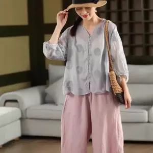 얇은 여자셔츠 셔츠 자수 모시 톱 상큼 브이넥 롱루즈핏 싱글 벌룬 원템1