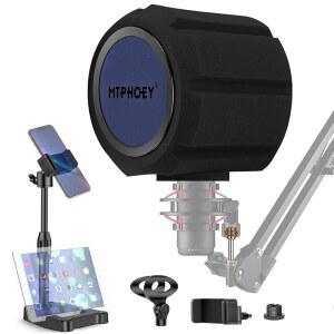 [미국배송] 마이크 스탠드 및 휴대폰 홀더가 있는 윈드스크린 팝 필터 대형 마이크 스튜디오 장비 실내외 녹음을 위한 녹음 실드 솔레이션 볼 사운드 흡수