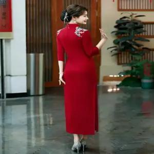 원피스 여성용 롱 가을 스판 아플리케 치파오 레이스 원픽3