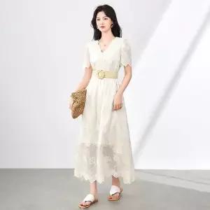 원피스 여성용 레이스 자수 프렌치 면사 브이넥 바캉스룩 원픽1