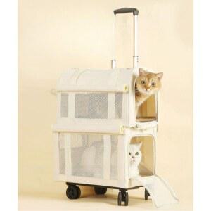 고양이 2단 산책가방 이층 외출 화이트 다묘 바퀴 카트 애견 더블백