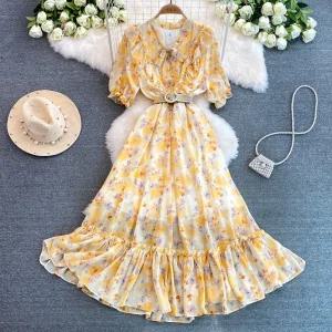 여성용 스커트 원피스 롱 플라워 보헤미안 브이넥 프릴이 바캉스 A라인 허리를 패션 쉬폰 잡아주어 비치 원