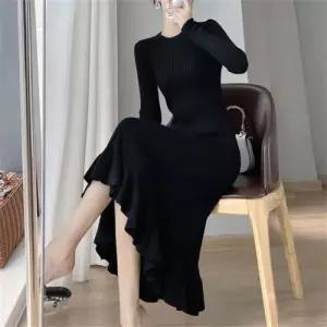 여친 니트 원피스 미디 이너 쉬폰 프릴 슬림핏 프렌치 머메이드 랩 원픽1