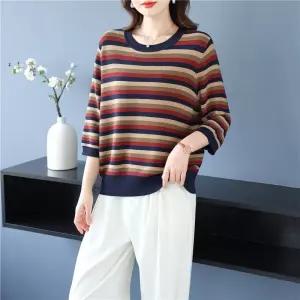 윈터솔져 여성용 니트 캐주얼 박시 티 오버사이즈 스트라이프 롱루즈핏 데일리룩 상의 칠부 KUK1