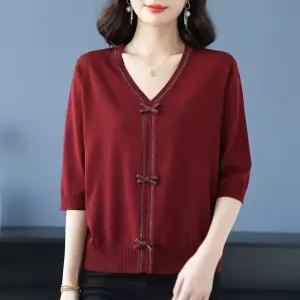 윈터솔져 여성 니트 춘하 칠부 롱루즈핏 셔츠 쿨링 큐빅 루즈핏 브이넥 상의 티 데일리룩 KUK1