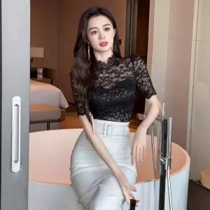 여성티셔츠 레이스 레깅스 반폴라 슬림 퍼플 티셔츠 핏 코디 상의 심쿵직구