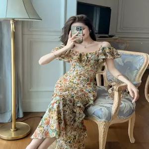 여성원피스 봄여름 빈티지 오프숄더 프릴 일자넥 슬림 언밸런스 원피스 심쿵직구