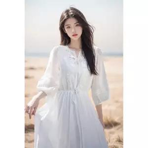 여자원피스 반팔 스커트 우아한 감각 자수 원피스 봄 라운드 흰색 디자인 심쿵마켓