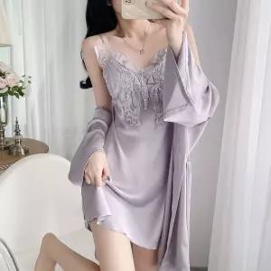 잠옷홈웨어 2p 레이스 아이스 슬립 나비 패드 가운 봄여름 실크 심쿵마켓