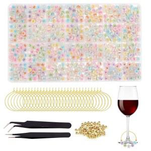 BLSUREFYX 30세트 DIY 와인잔 부적 650개, 하트 모양 구슬 50개, 황금 60개, 반지 30개, 핀셋 2개, 칵테일 파티 장식용 맞춤 마커 야광