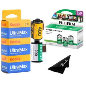 코닥 울트라맥스 400 및 후지필름 200 35mm 필름 번들 - 6개) 포함 각 - 발벨리 극세사 36개 노출 롤당 천 3팩(총