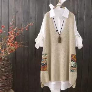 여성조끼 봄가을 니트 조끼 롱 캐주얼 풀오버 브이넥 에스닉패치 심쿵직구