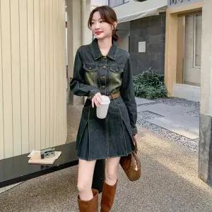 포뇨 원피스 스커트 데님 빈티지 봄가을 조임 여성치마 우산 블라우스 A라인 이 OPH3