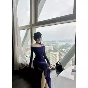 치마 원피스 롱 긴팔 어깨 쉬폰 일자 여자원피스 트임 원템1