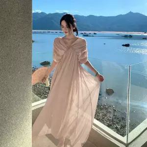 원피스 가을 비치 쉬폰 프렌치 슬림 롱스커트 브이넥 바캉스 여자원피스 원템3