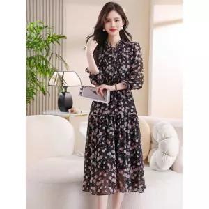 원피스 검정 가을 빈티지 슬림핏 쉬폰 긴팔 여자원피스 라운드넥 원템3