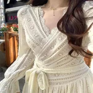 원피스 빈티지 여자원피스 쉬폰 순수라인 긴팔 브이넥 프렌치 슬림핏 롱스커트 원템1