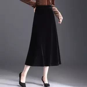 EAMT 치마 여자 검정 롱 가을 캐주얼 벨벳 슬림핏 A라인 YJ3