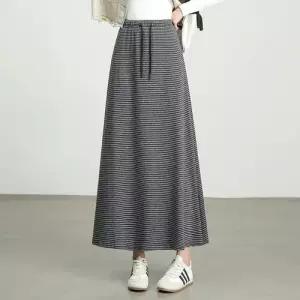 EAMT 스커트 롱 캐주얼 가을 여성용 슬림핏 허리밴딩 A라인 스트라이프 YJ3
