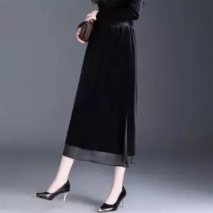 EAMT 치마 롱 가을 여성용 허리밴딩 벨벳 YJ3