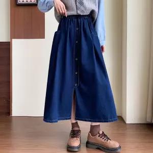 EAMT 치마 여사친 청 데님 롱 가을 버튼녀 보이고 통통해 순면 진한 멀티 청치마 워싱 YJ3