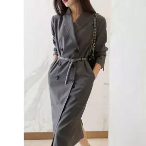 EAMT 원피스 스커트 춘추 오피스룩 여성용 울 그레이 롱 정장 트렌치코트 EUNG3