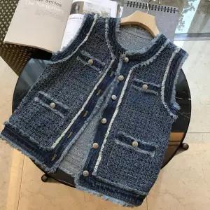 솔저스여사친 데님 가을 럭셔리 블루 트위드 스몰 폴딩 아우터 조끼 OPH3